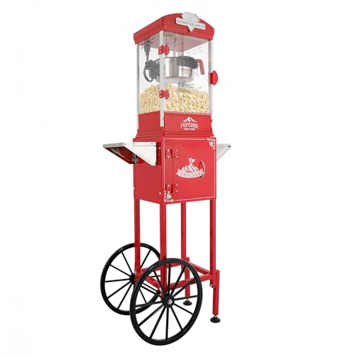 Image of 10oz Popcorn Machine with Cart - Vintage Movie Theater Style Maker - Shatterproof Acrylic and Storage Cabinet for Home Parties, Concessions - Red