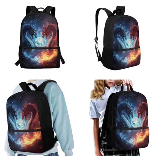 Dragon Backpack Kids Cool Backpacks for Boys with Lunch Box Ages 6-8 Large Capacity School Bookbag for 3rd Grade Lunchbox and Pencil Case Water Bottle Holder, 4Pcs, Lunch Bag School Bag2