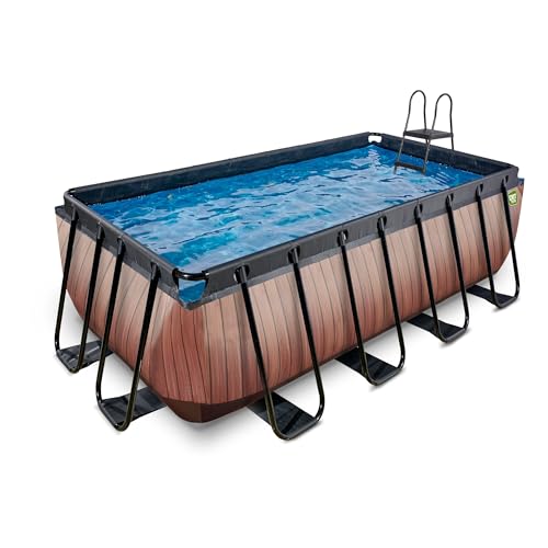 Exit Toys Piscina de Madera, 400 x 200 x 122 cm, Grande, Rectangular con Bomba de Filtro de Arena, Piscina extraprofunda, Marco Fuerte, Incluye Escalera de Piscina, diseño único, Color marrón