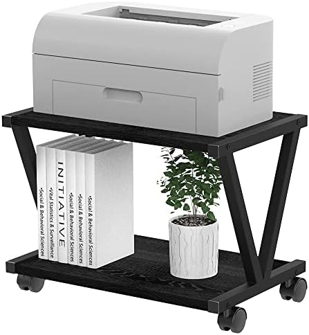 VEDECASA Retro Desktop Printer Stand 2 Double Tiers Wood Printer Shelf Modern Wood Storage Book Shelf Organizor for Home Office Stylish Sturdy V Shaped (Black)