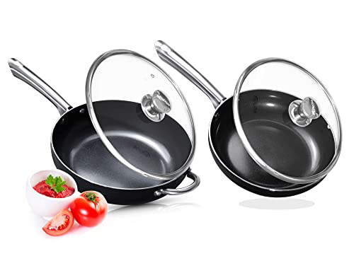 Frying Pan Set Non Stick with lids - 28cm & 24cm - Oven Safe Induction, Gas Electric Ceramic hob Safe