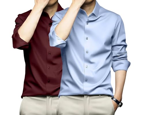 Image of DEELMO Combo of Men's Stylish Solid Satin Casual Shirt for Men Full Sleeves| Poly Satin Silk Shirt Pack of 2