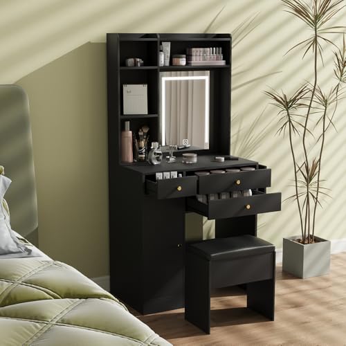 ARTETHYS Vanity Desk with Mirror and Lights Black Makeup Vanities Set with Storage Chair Dressing Table with Drawer and Fold-up Panel for Bedroom - Thumbnail 6