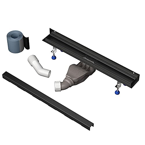 Aquabad® Caniveau de douche en acier inox - Slim Wall noir mat | avec raccordement mural | Longueur 100 cm | Avec couvercle: Bord, filtre-cheveux, y compris : Viega siphon Cover