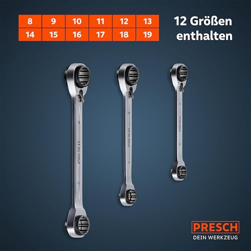 PRESCH 4 in 1 Ratschenschlüssel Set 3tlg. (8-19mm) inkl. Tasche - Umschaltbare Ratschenfunktion - Ringratschenschlüssel mit 90 Zähnen & 4° Rückholwinkel - Robuste Ratschenringschlüssel