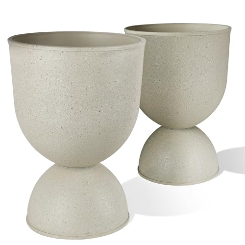 KOL Planters Flower Pots, Plastic Urn Planters for Indoor Outdoor Plants, Beige Pedestal Planter Pots 2 Pack, 15 Inch Tall Decorative Planters with Drainage Holes & Plugs for Front Porch Patio Garden