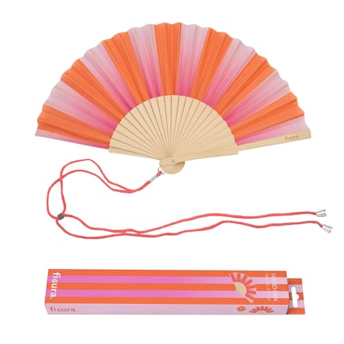 Fisura – Abanico original con estampado de rayas. Abanico de madera moderno y colorido. Ventilador de mano rosa y naranja. Colgador incluido. Idea de regalo divertido. 42,5 x 23 cm