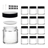 BPFY 12 Pack 4 oz Clear Glass Travel Cosmetic Jars, Refillable Cosmetic Containers with Inner Liners, Lids, Spatula, Chalk Labels, Pen, Beauty Jars for Sugar Scrubs, Cream, Bath Salts, Slime