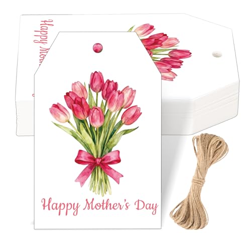 G2PLUS Mothers Day Gift Tags - 50Pcs Happy Mothers Day Tags with String Pink Tuilp Bouquet Gift Tags Hanging Labels for Gift Wrapping Moms Birthday Party Favors
