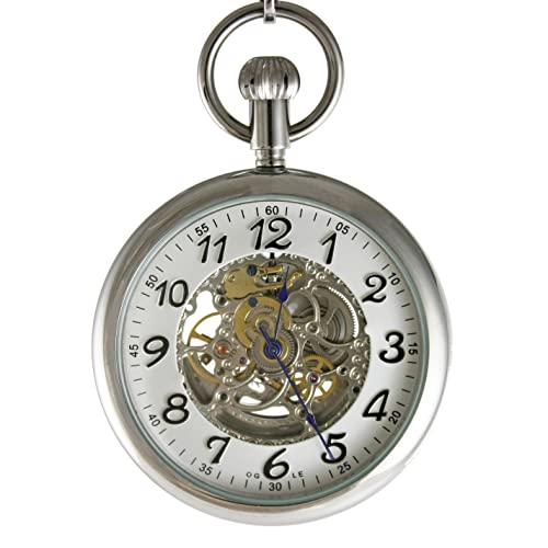Image of OGLE 3ATM Waterproof Vintage Stainless Steel Large Face Fob Self Winding Automatic Skeleton Mechanical Pocket Watch Chain Box