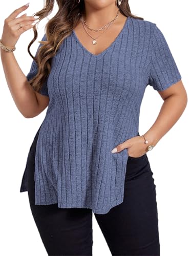 Image of DOMODO Womens Plus Size Tops Short Sleeve Shirts Summer V Neck Tshirts Side Slit Ribbed Tunics Dressy Maternity Clothes Blue XX-Large