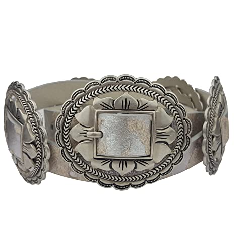 Western Concho Style Belt w. genuine cow print hair leather belt Silver L