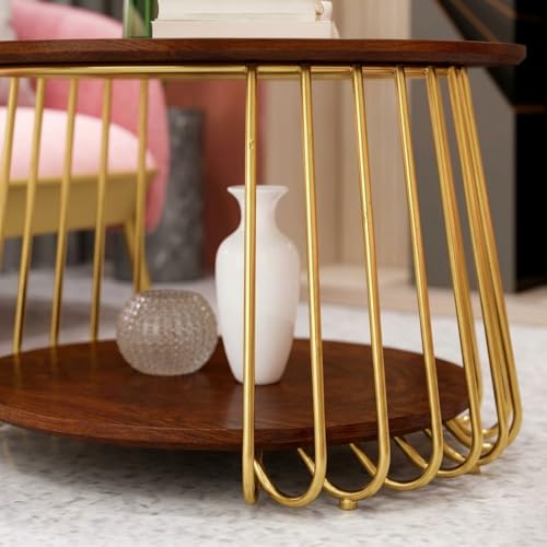 Image of Al Hama end Tables for The Living Room with a Metal-Framed Sofa Table and Modern Side Tables with Two Tiers in a Tea Marble Pattern (Gold Brown)