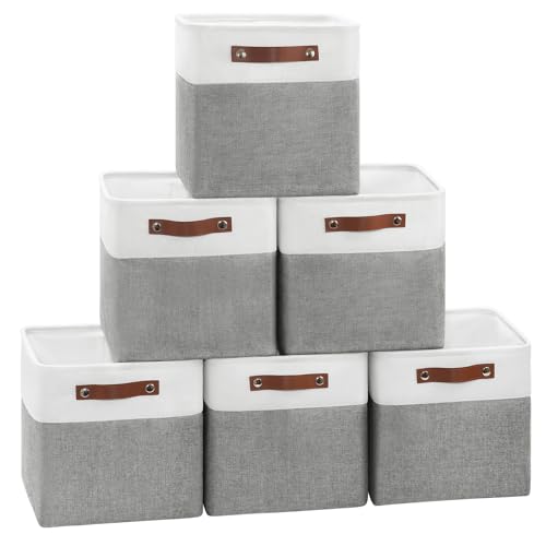 Patvingot Collapsible Fabric Cube Storage Bins 11x11×11, Pack of 6 Closet Basket Boxes with PU Handles for Organizing Shelves, Toys, Clothes, Home, Office (White & Gray)