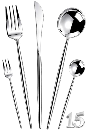Image of Slim Handle Silver 15 Pcs Stainless Steel Cutlery Set for Dining Table, Dishwasher Safe Glossy Flatware (3 Spoon Set+3 Forks Set+3 Butter Knife+3 Dessert Spoon+ 3 Fruit Fork)