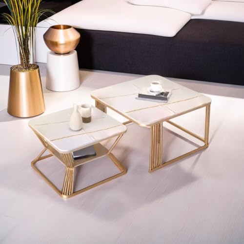Image of Stacking Tea Tables in White and Gold with a Black Metal Frame and an Open Storage Shelf for a Modern Marble Look Coffee Table or Sofa Center Tables with Set of 2 (White Gold)
