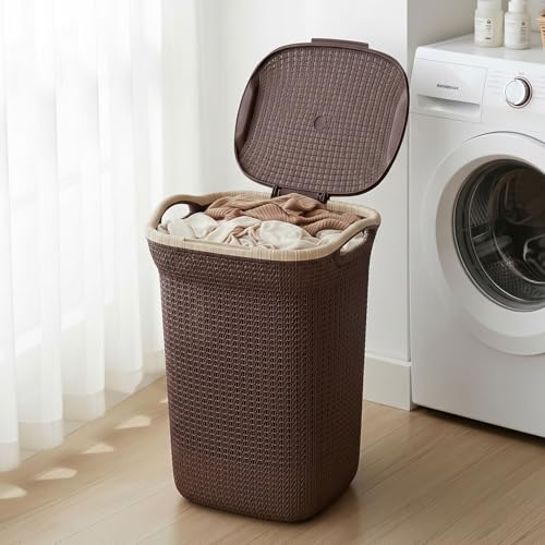 PrettyKrafts Weather Brown, 60L Plastic Knit Laundry Basket – Rat...