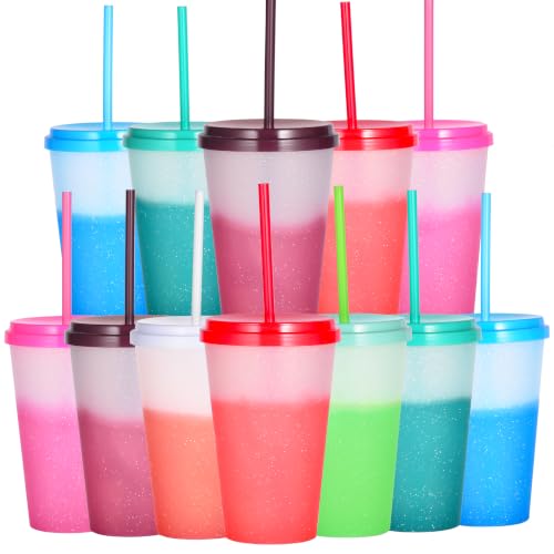 Alohastarttg Color Changing Cups, 12 Pack 24oz Plastic Tumblers, Reusable Iced Coffee & Smoothie Cups with Lids and Straws for Parties and Travel (Bright, 12 Pack)