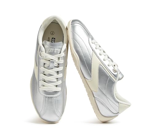 LUCKY STEP Womens Classic Retro Fashion Sneakers Casual Cow Suede Walking Shoes Thin Sole Running Trainer(Silver 9)
