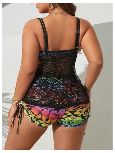 SOLY HUX Women's Plus Size Tankini Swimsuits Floral Print Two Piece Bathing Suit Lace Tankini Tops and Shorts Set3