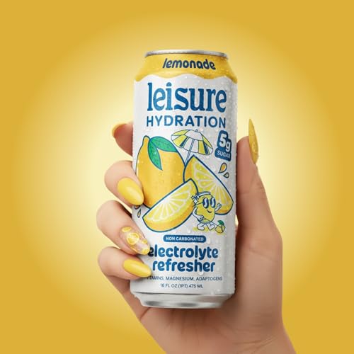 Image of Leisure Hydration Non-Carbonated Electrolyte Refresher, Lemonade Flavor - Low Sugar Nutrient Enhanced Water Beverage - Get The Best Hydration Packed w / Magnesium & Ashwagandha For Mood & Stress Support, Non-GMO, 16 oz (12-Cans)