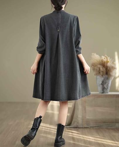 Women's Casual Denim Shirt Dress Single Breasted V Neck Mid-Length Jean Trench Coat with Pockets4