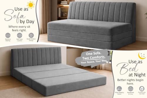 Image of 3-Seater Velvet Sofa Cum Bed | Convertible Sleeper Sofa | Modern Foldable Couch for Living Room, Bedroom & Office | Grey