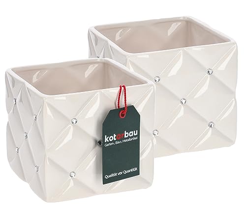 KOTARBAU® 2er Set Glamour Keramik Blumentopf 14 x 14 x 13 cm mit Zirkonen Quadratisch Pflanztopf Weiß Pflanzkübel Blumenkübel für Zimmerpflanzen Übertopf für Pflanzen Gartentopf