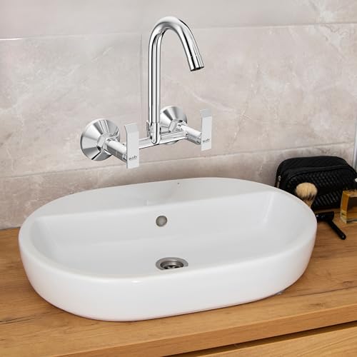 Image of Gloxy Premium Brass 2 in 1 Wall Mounted Sink Mixer with 360 Swivel Spout - Jet+ Lever Kitchen Sink Mixer with Chrome Finish - Hot & Cold Water Mixer for Bathroom & Kitchen Sink - 10 Years Warranty