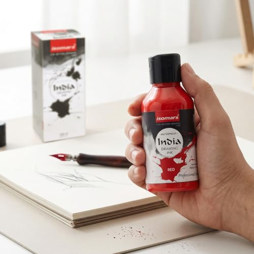 Image of Isomars India Waterproof Drawing Ink Red 100ml | Professional Artist Ink for Illustration, Calligraphy, Airbrush, Canvas, Fabric, Wood, Paper & Technical Drawing