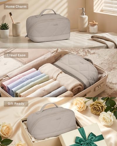 Image of Hynes Eagle Travel Makeup Bag for Women Puffy Cosmetic Organizer Pouch Open Flat Toiletry Bag for Toiletries Brushes Structured Base Classic Camel