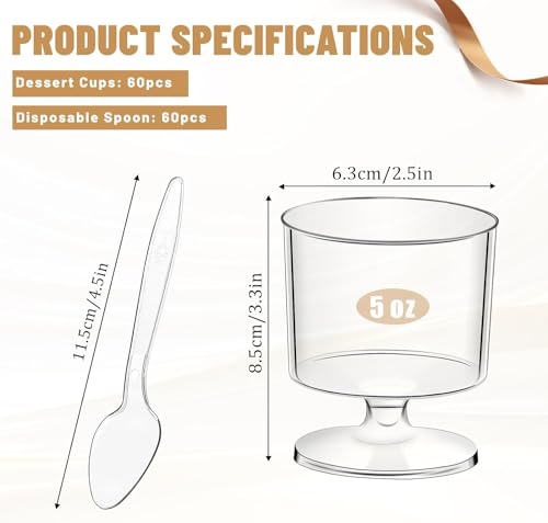 60 Packs Dessert Cups with Spoons 5 OZ Mini Clear Plastic Dessert Parfait Cup for Party Serving Cups Small Round Goblet Wine Shot Glasses Disposable Fruit Ice Cream Mousse Pudding Appetizer Cup Bowl by KesaPlan - Image 3