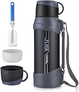 Flask for Hot Drink, HOUSALE Large Flask 2L with 2 Cups, 24 Hrs Hot & 12 Hrs Cold, Large Stainless Steel Vacuum Insulated Bottle, Double-Walled BPA-Free & Leak-Proof for Fitness, Sports, Camping