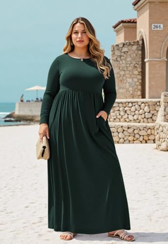 Image of Nemidor Plus Size Maxi Dress for Curvy Women Fall Casual Loose Long Sleeve Dresses with Pocket 14-26