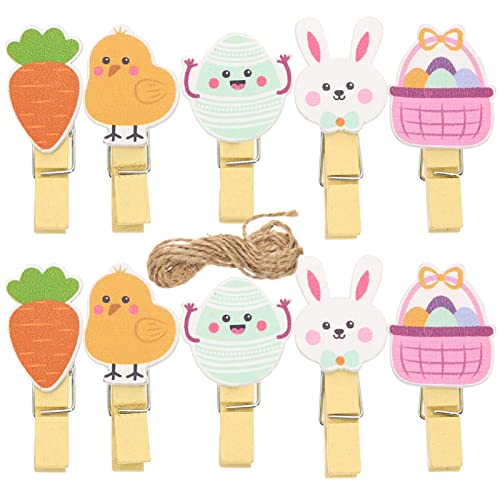 ABOOFAN 40Pcs Mini Wooden Clothespins Easter Bunny Carrot Chick Wood Clothespins with Jute Twine Photo Clips Craft Clips for Photography Home Decor