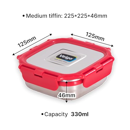 Image of Veigo Original Stainless Steel Medium Snack Box (300 ml), Airtight & Leakproof, Freezer & Dishwasher Safe, Snacks Box for School, Silicone Ring & Polymer Frame, Safe Lid Lock, Red
