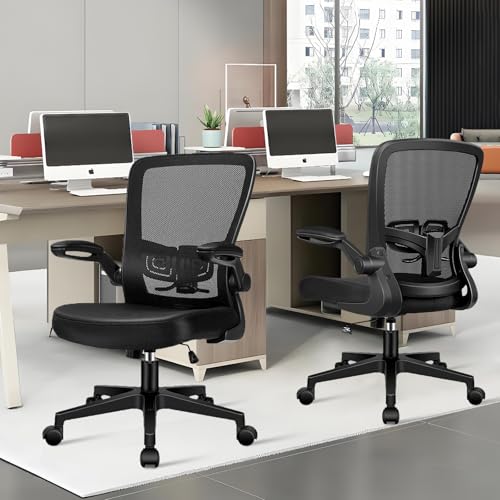 Image of KLASIKA Desk Chairs with Wheels, Ergonomic Mesh Office Chair Adjustable Height and Swivel Lumbar Support Home Office Chair with Flip Up Armrests, Set of 2