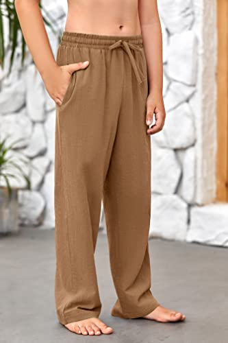 Zhaovi's Boys Casual Pants Drawstring Elastic Waist Loose Cropped Trousers Lightweight Summer Yoga Beach Pants Khaki #TOP2