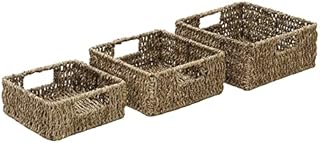 JVL Seagrass Square Storage Baskets with Inset Handles, Set of 3