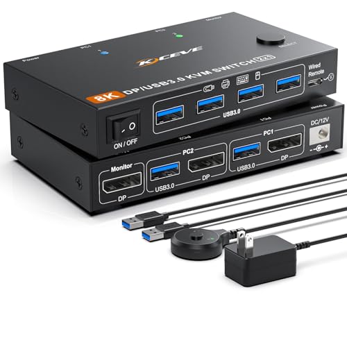 Image of KCEVE KVM Switch 2 Computer 1 Monitor Displayport 4K@240Hz 8K@60Hz, USB 3.0 KVM Switch Displayport 2.1 for 2 PC Share 4 USB Devices Keyboard Mouse,Wired Remote(8K DP 2 in 1 Out KVM)