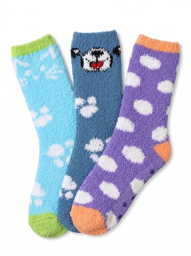 Image of Tipi Toe Womens Fuzzy Crew Socks with Anti Slip Grips Warm Cozy Fluffy Winter Slipper Socks Non Skid Home Socks for Women