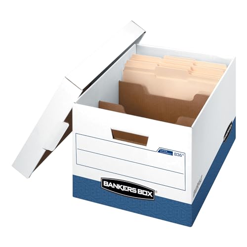 Bankers Box 12 Pack R-KIVE DIVIDERBOX Heavy-Duty File Storage Boxes with Dividers, FastFold, Lift-Off Lid, Letter, White/Blue