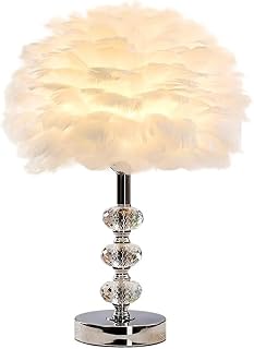Weiße Feder-Tischlampe mit Kristallstab-Basis, elegante Tischlampe mit Federlampenschirm, dekorative Nachttischbeleuchtung, Nachtlicht für Schlafzimmer, Wohnzimmer