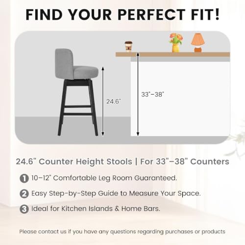 Image of COCO DESIGN 24 inch Gray Swivel Counter Height Stools Set of 4 with Wood Legs | Mid Century Modern Style, Smooth Swivel Design, Linen Upholstered Seat, Sturdy Solid Wood Legs, Counter Height For Island