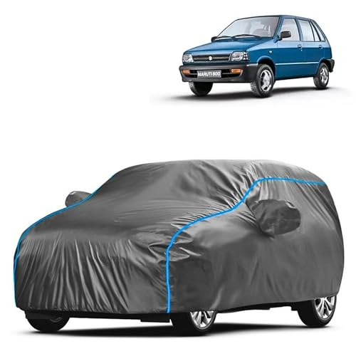 Image of Kerwa Car Body Cover Waterproof Compatible with Maruti 800 | Scratch Proof, Anti-Dust, UV Protection | Windproof Buckle Strap | Fitted Bottom Elastic | Side Mirror Pockets-Grey