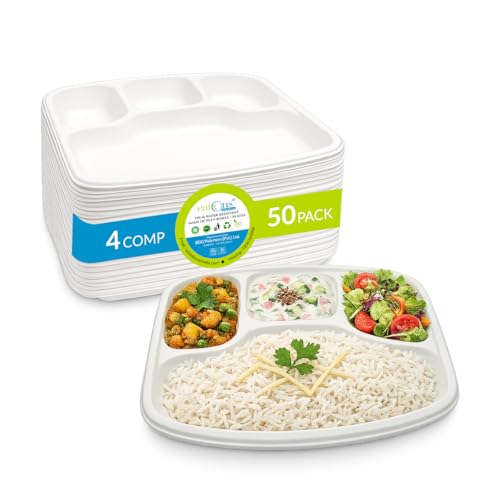 Image of EATONS | 4 Compartment Bagasse Meal Tray | 11 Inch - Pack of 50 | Disposable Plates Big Size | Sugarcane Paper Plates | Great for Events, Caterers & Buffet | Heavy Duty, Leakproof, Microwave Safe