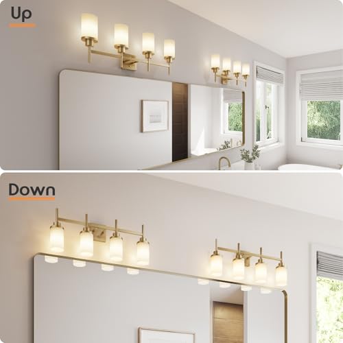 Image of Wall Light Fixtures 4-Light Over Mirror, Gold Vanity Lights with White Frosted Glass Shade, Wall Sconces for Bathroom Washroom Kitchen T001GD-L4
