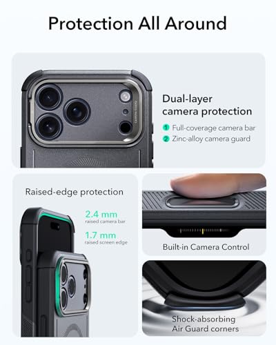 Image of ESR for iPhone 17 Pro Max Phone Case with Stand, 23ft Military-Grade Drop Protection with Camera Control, Shock-Absorbing Rugged Cover, Compatible with MagSafe Accessories, Cyber Series, Grey