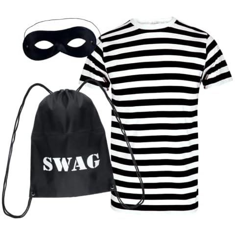 Paper Umbrella Robber Burglar Adult 3 Piece Black White Striped Set Fancy Dress Costume (XX-Large) Cover