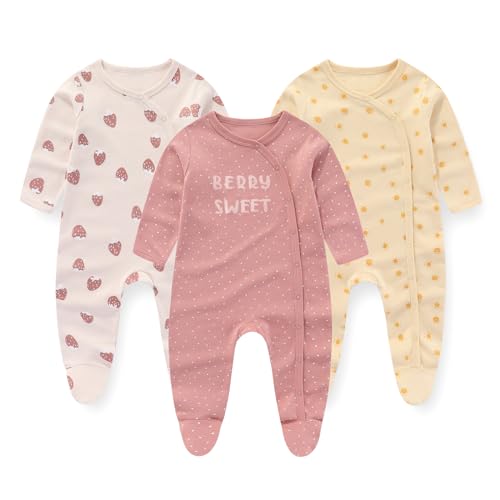 Image of JELYLOVE Unisex Baby Boy Girl Footies Rompers Cotton Long Sleeve 3 Pack Infant Jumpsuits 0-12Months Babies' Outfits